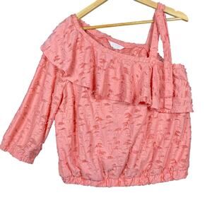 Lauren Conrad Womens Blouse Peach Coral One Shoulder Ruffle Fringe Stretch L